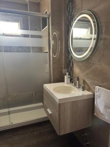 a bathroom with a sink and a mirror and a shower at Alquileres temporales in Junín