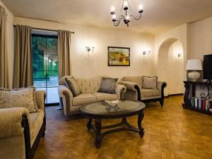 a living room with two couches and a table at Domeniul Caprioara in Căprioara