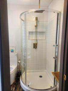 een glazen douche in een badkamer met toilet bij Market Haven in Wilmington