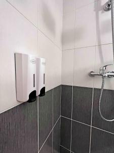 a bathroom with a shower with soap dispensers on the wall at Cosy appartement, Nancy center in Nancy