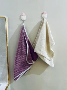 two towels hanging on a wall next to a mirror at Executive Tamarind Nest in Ukunda