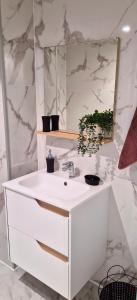 a white bathroom with a sink and a mirror at L'Ambre - Moderne - Equipé - Douche in Lourdes +13 photos