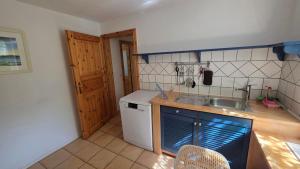 une petite cuisine avec un évier et un comptoir dans l'établissement Haus am See Zislow Whg 2, à Zislow