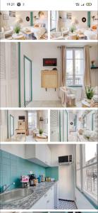 un collage de trois photos d'une cuisine avec évier dans l'établissement Nid douillet, à Le Pré-Saint-Gervais