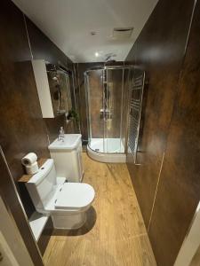 a bathroom with a toilet and a shower at Newcastle Executive Stays in Newcastle upon Tyne