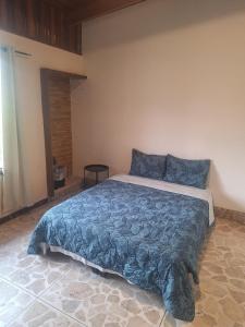 a bedroom with a bed with a blue comforter at Luca hostel in San José
