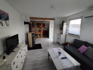 een woonkamer met een bank en een tv bij Ferienwohnung am See in Ostrach