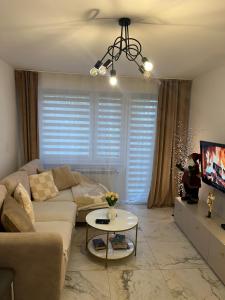 a living room with a couch and a tv at Sara Apartament in Turek +34 photos