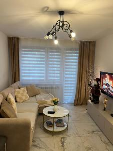 a living room with a couch and a tv at Sara Apartament in Turek