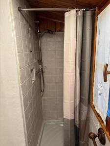 a shower in a bathroom with a shower curtain at La Casetta del Picchio in Caspoggio
