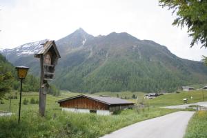 a road with a house and mountains in the background at Wohnung Waldeslust In St Sigmund Im Sellrain in Sankt Sigmund im Sellrain