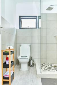 a bathroom with a toilet and a shower at Cozy 1-Bed Apartment in Gaborone in Gaborone