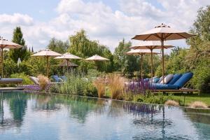 a swimming pool with umbrellas and lounge chairs next to a pool at Thöles Hotel Bücken in Bücken