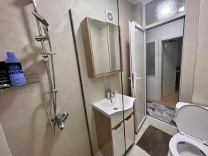 a bathroom with a shower and a sink and a toilet at Central DELUXE Apartment in Prilep +29 photos