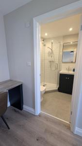 a bathroom with a shower and a toilet and a sink at The Pavilion Bisley in Bisley +47 photos