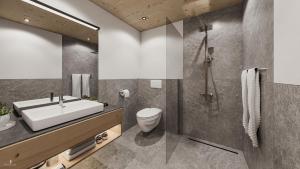 une salle de bain avec un lavabo, des toilettes et une douche dans l'établissement Feelfree Apartments Ochsengarten, à Oetz 7 autres photos