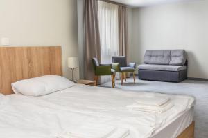 a bedroom with a bed and a couch and a chair at ARGENTIA noclegi in Dzierżoniów