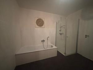 a bathroom with a shower and a bath tub at Ferienwohnung Am Sonnenrain in Albshausen +10 photos