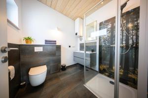 ein Badezimmer mit Toilette und Glasdusche in der Unterkunft Ferienhaus am Flugplatz, umgeben von Natur in Kühndorf