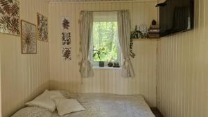 a bedroom with a bed and a window at Mini saunahouse in Bašķi
