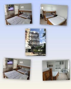 a group of four pictures of beds in a room at apartaestudios luna azul rodadero in Gaira