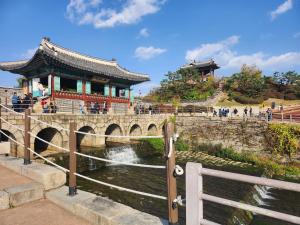 eine Brücke über einen Fluss mit einem Gebäude in der Unterkunft Suwon Stay 111 in Hagwanggyo-dong