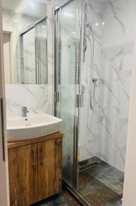 a bathroom with a sink and a shower at Hevenia Klifowa 5 B Apartament 33 in Rewal +27 photos