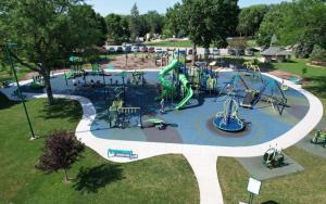 an aerial view of a playground in a park at Central Oshkosh Stay - Walk to Lake and Downtown in Oshkosh