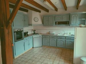a kitchen with blue cabinets and white appliances at Le Gite de l'Alambic in Vanzay +12 photos
