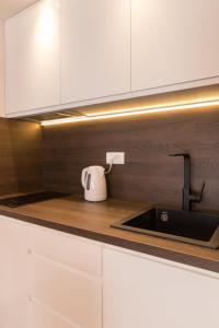 a kitchen with white cabinets and a tea kettle on a counter at Vila Vujic Tara in Kaludjerske Bare