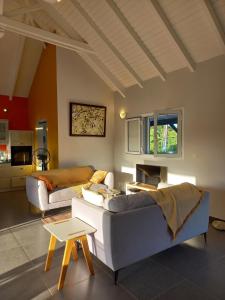 ein Wohnzimmer mit zwei Sofas und einem Tisch in der Unterkunft Villa Blue Sky in Saint-François