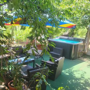 a patio with a pool and an umbrella and chairs at Pensiunea Balta Lazar in Alexandria