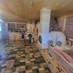 a large kitchen with a stove in a room at Pensiunea Balta Lazar in Alexandria