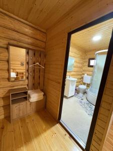 a room with a bathroom with a toilet and a window at Cabana Colț De Munte in Ocoale +37 photos
