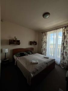 een slaapkamer met een bed en een groot raam bij Penzión Korytnačka in Námestovo +16 foto's