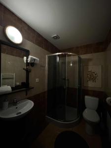 a bathroom with a shower and a toilet and a sink at Penzión Korytnačka in Námestovo +16 photos