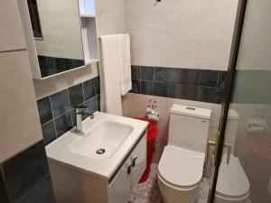 a bathroom with a white toilet and a sink at Samba's Beach Strip Apartments in Kololi