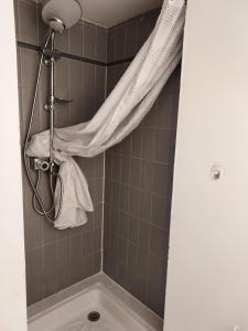 a shower with a white shower curtain and a tub at CŒUR DE VILLE - studio charme et confort in Vannes