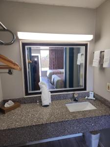 ein Badezimmer mit einem Waschbecken und einem Spiegel in der Unterkunft Discovery Inn Lafayette in Lafayette
