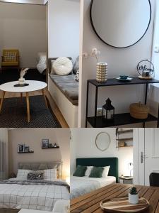 Un collage de imágenes de un dormitorio con una cama y un espejo. en Apartment Mana, en Mostar