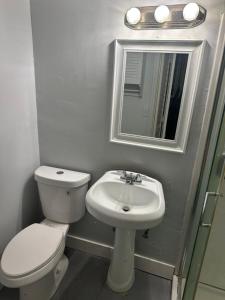a bathroom with a toilet and a sink and a mirror at Guest house 7 mins From stadium in Opa-locka