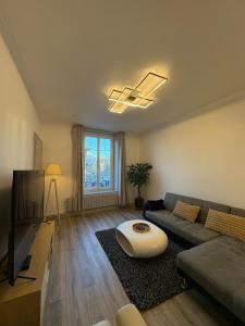 Una sala de estar con un sofá y un televisor. en Appartement hyper-centre Épinal, en Épinal