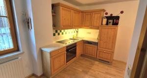 une cuisine avec des armoires en bois et un évier dans l'établissement Ferienwohnungen Haus Stierschneider, à Spitz