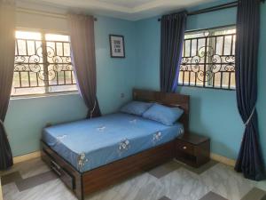 a bedroom with a bed with blue walls and windows at TwinVilleCove, affordable villas located in Ajah in Obalende