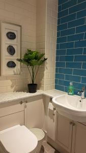 a bathroom with a toilet and a sink with a potted plant at Shenley House with Private Parking Central MK in Milton Keynes