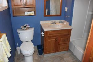 une salle de bain avec toilettes, lavabo et baignoire dans l'établissement Inviting Cabin Getaway on a Private Lake on the Kenai Peninsula, Alaska, à Kasilof