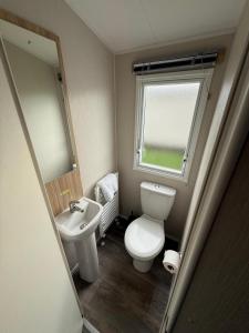 a small bathroom with a toilet and a sink at Poppy Lodge LE 17 Ocean's Edge Park in Morecambe