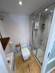 Un baño con ducha, inodoro y lavabo. en Lodge near Bath for relaxing getaway with Hot tub, en Chittoe