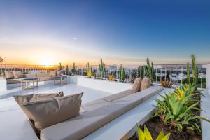 una terraza en la azotea con sofás y plantas en Neira Boutique Hotel & Spa, en Sidi Bou Saïd