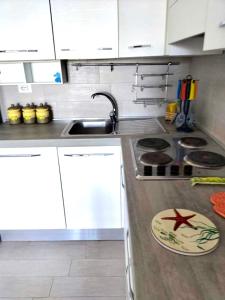 Una encimera de cocina con un fregadero y una estufa. en Appartamento Elysie, en Puntaldia
